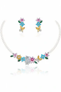 Conjunto Flores e Pérolas Zircônias Ródio Branco