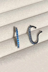 Fake Piercing Earhook Zircônias Azuis Ródio Branco