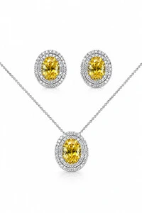 Conjunto Oval Zircônias Yellow Fancy Ródio Branco