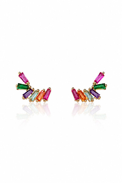Foto Brinco Earcuff Pequeno com Baguetes Zircônias Coloridas Ouro 18k