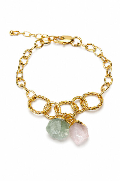 Foto Pulseira Elos Pedra Natural Quartzo Rosa e Ágata Verde Ouro 18k
