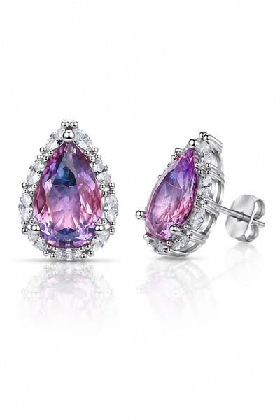 Foto Brinco Gota Violeta Zircônia Ródio Branco