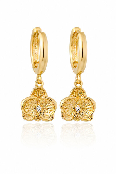 Foto Brinco Argolinha Pingente Orquídea Ouro 18k