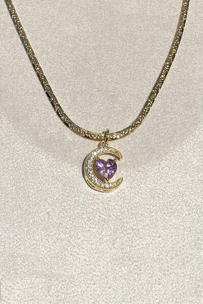 Foto Colar Choker Pingente Lua e Coração Rosa Zircônia