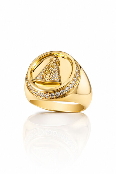 Foto Anel Nsra Aparecida Zircônia Ouro 18k
