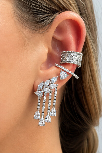 Foto Brinco Earcuff Zircônias Franjas Ródio Branco