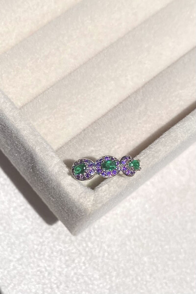 Foto Fake Piercing Fino Zircônias Verde esmeralda e Lavanda Ródio Branco