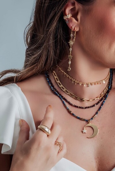 FotoColar Choker Bolinhas e Estrelas Penduradas Ródio Branco