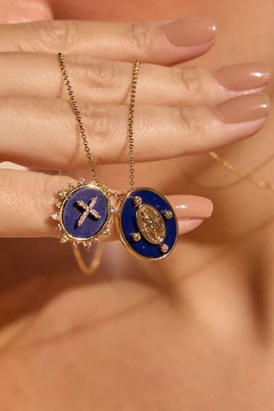 FotoColar Escapulário Pingente Lazuli Cruz Zircônia Ouro 18k