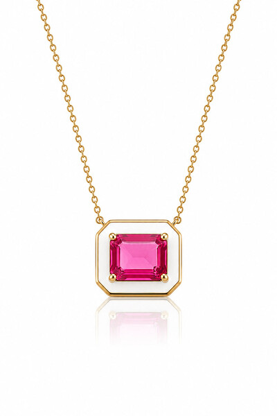 Foto Colar Esmaltado Branco Pedra Pink Fusion Ouro 18k
