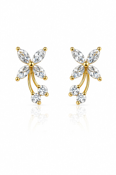 Foto Brinco Flor Zircônias Navete Ouro 18k