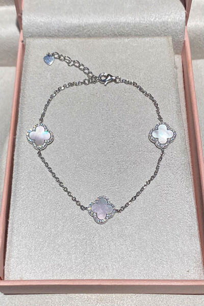 Foto Pulseira 3 Trevos Zircônia Madrepérola Prata 925 Ródio Branco