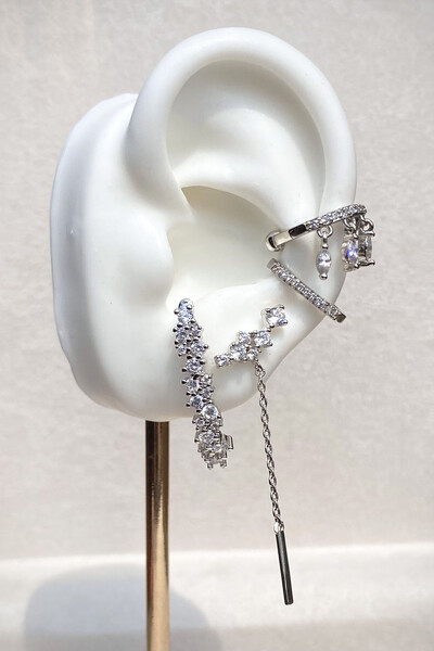 FotoFake Piercing Zircônias Fino Retangular Ródio Branco