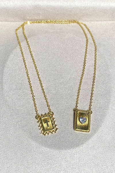 Foto Colar Escapulário Pingentes Cruz e Coração Raiado Ouro 18k