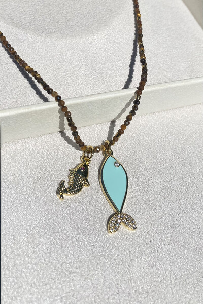 Foto Colar Pedra Natural com Peixes duplos