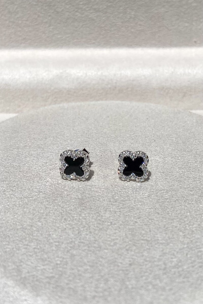 Foto Brinco Trevo Zircônias P Ônix Prata 925 Ródio Branco