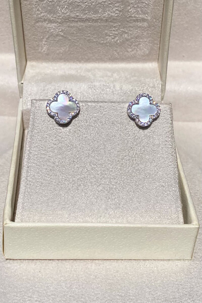 Foto Brinco Trevo Zircônias M Madrepérola Prata 925 Ródio Branco