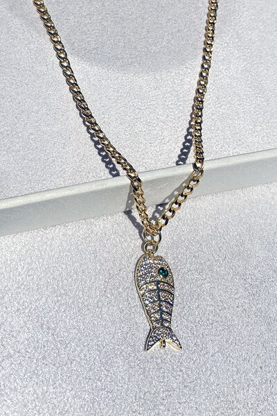 FotoColar Corrente Pingente Peixe Zircônias Dourado