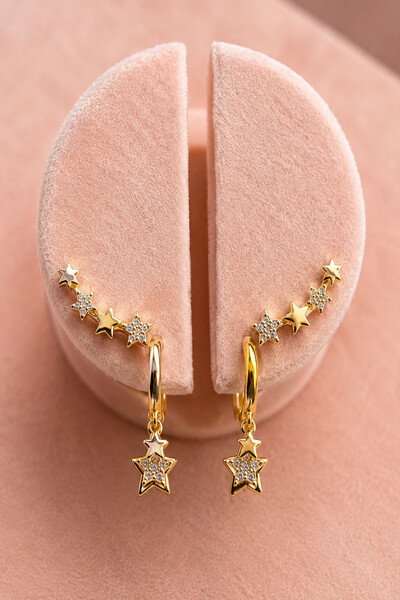 Foto Brinco Earcuff Estrelas com Zircônias Ouro 18k