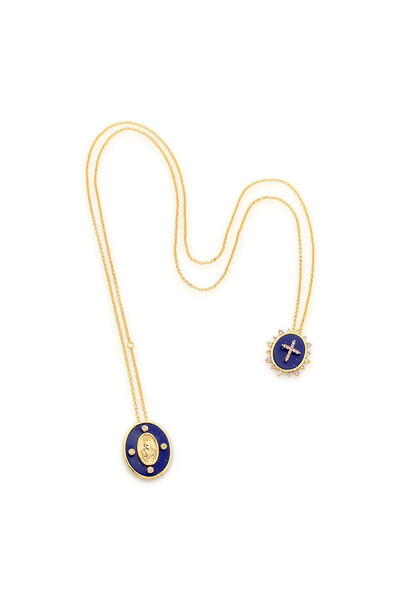 Foto Colar Escapulário Pingente Lazuli Cruz Zircônia Ouro 18k
