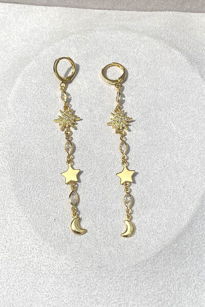 Foto Brinco Argola Fio Estrela e Lua Ouro 18k