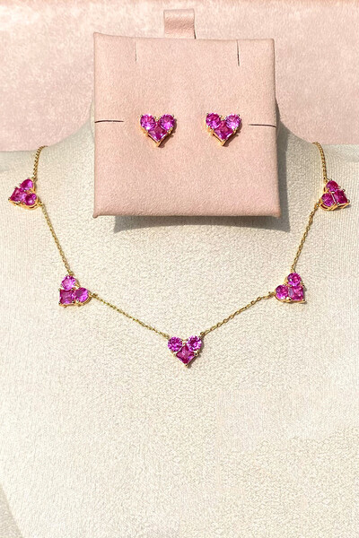 FotoConjunto Coração Pink Safira Ouro 18k