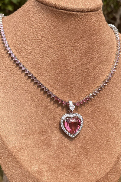 FotoPingente Coração Rosa Zircônias Ródio Branco