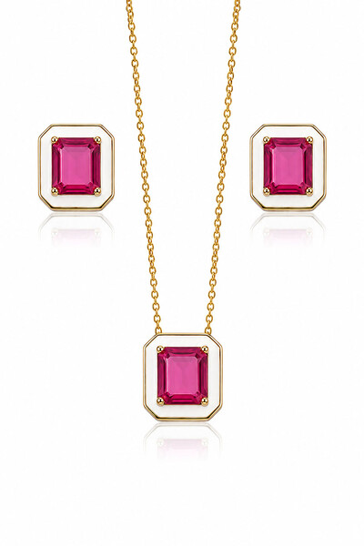 Foto Colar Esmaltado Branco Pedra Pink Fusion Ouro 18k
