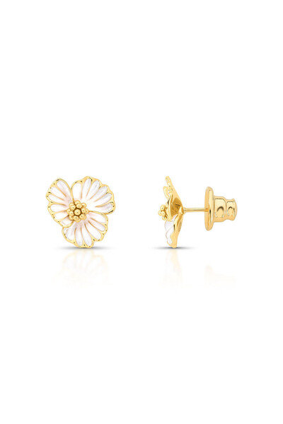 Foto Brinco Flor Esmalte Branco Banhado no Ouro 18k
