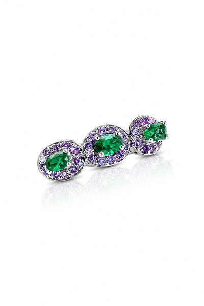 Foto Fake Piercing Fino Zircônias Verde esmeralda e Lavanda Ródio Branco