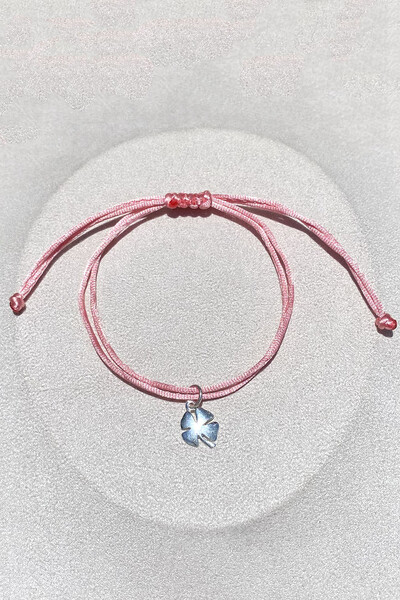 Foto Pulseira Cordão Rosa Pingente Trevo Prata 925