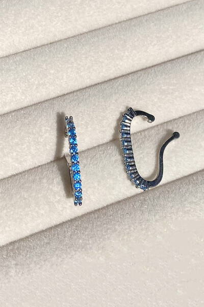 Foto Fake Piercing Earhook Zircônias Azuis Ródio Branco