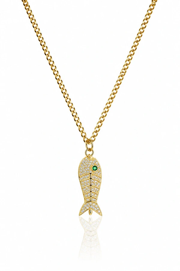 Colar Corrente Pingente Peixe Zircônias Dourado