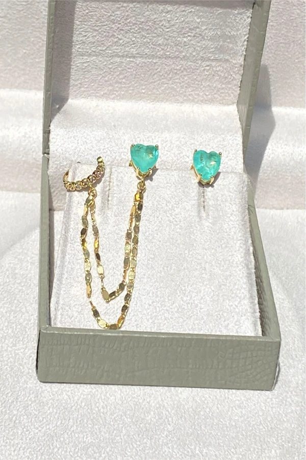 Brinco Earline Corações Turmalina Fusion Zircônias Ouro 18k