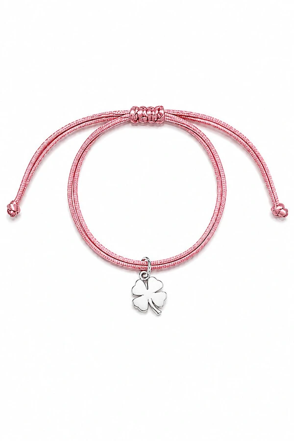 Pulseira Cordão Rosa Pingente Trevo Prata 925