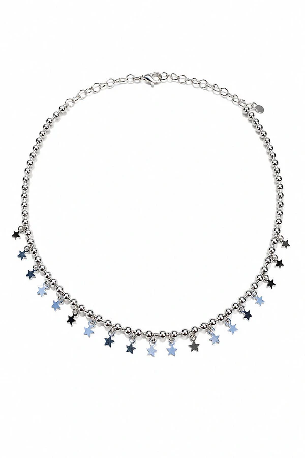 Colar Choker Bolinhas e Estrelas Penduradas Ródio Branco