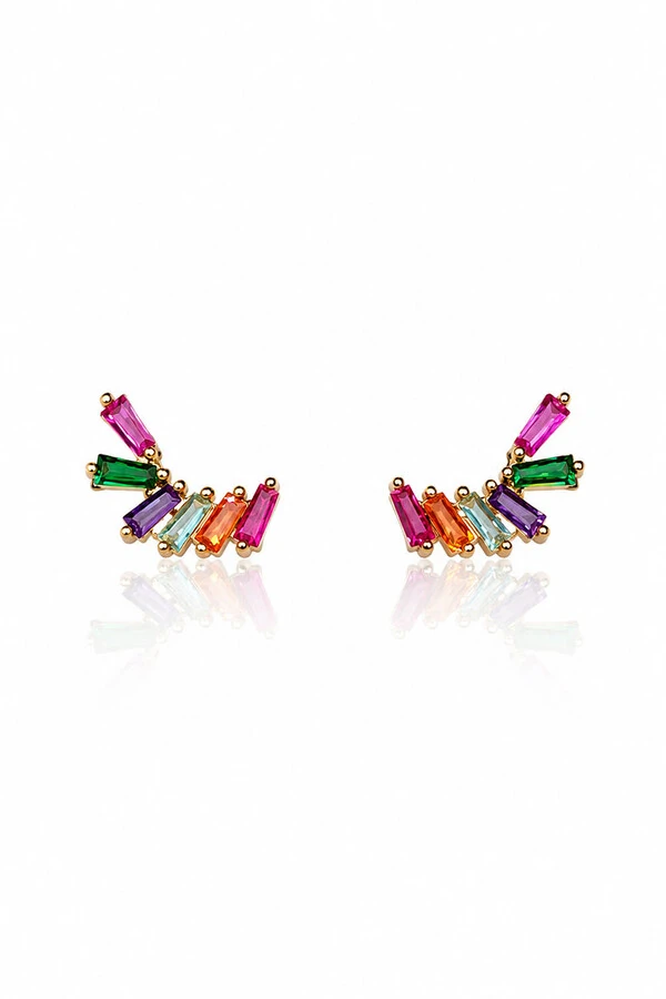 Brinco Earcuff Pequeno com Baguetes Zircônias Coloridas Ouro 18k