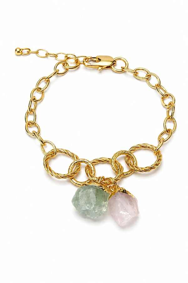 Pulseira Elos Pedra Natural Quartzo Rosa e Ágata Verde Ouro 18k