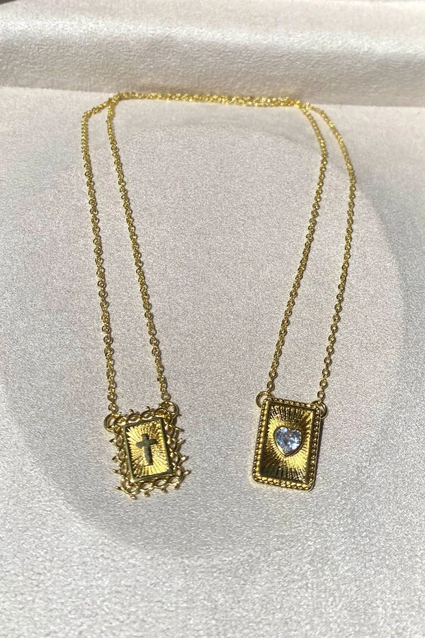 Colar Escapulário Pingentes Cruz e Coração Raiado Ouro 18k