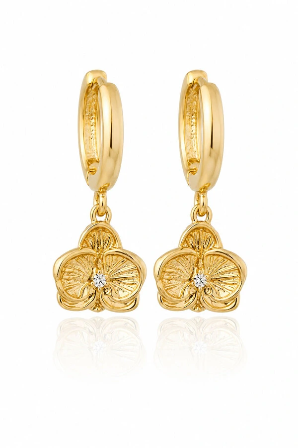 Brinco Argolinha Pingente Orquídea Ouro 18k