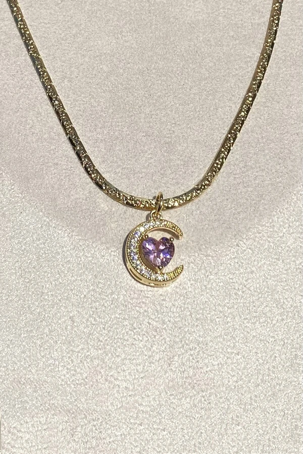 Colar Choker Pingente Lua e Coração Rosa Zircônia