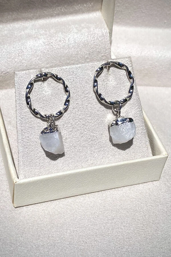 Brinco Pedra Ágata Branca Ródio Branco