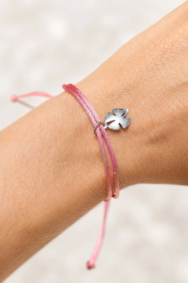 Pulseira Cordão Rosa Pingente Trevo Prata 925
