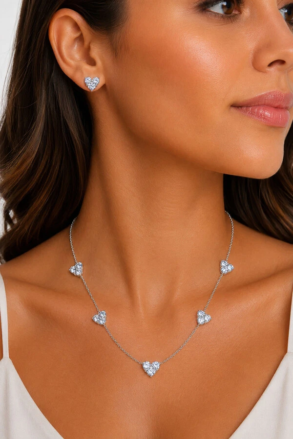 Conjunto Coração Cristal Ródio Branco