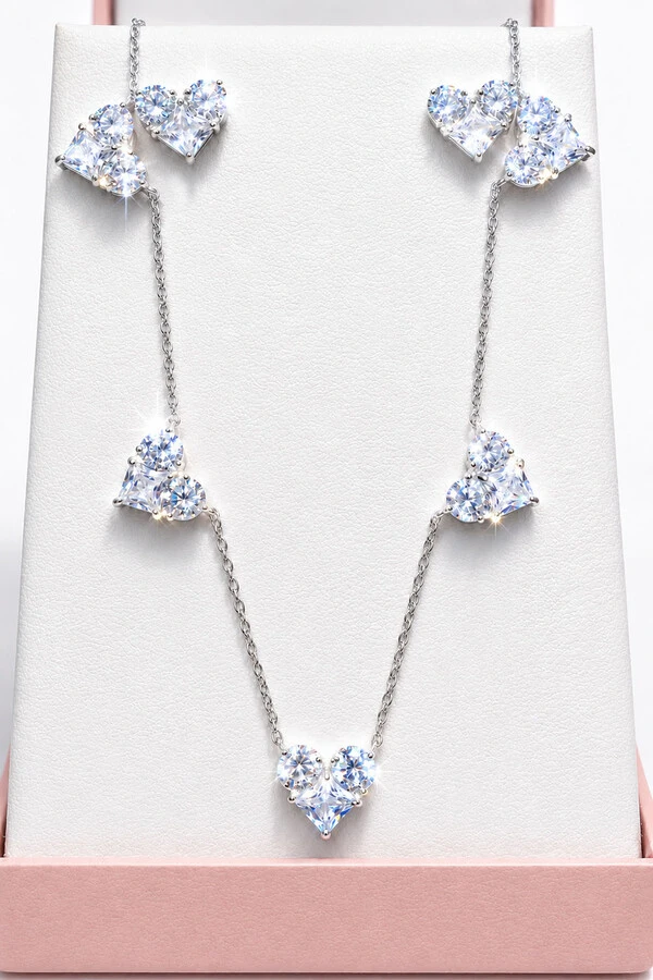 Conjunto Coração Cristal Ródio Branco