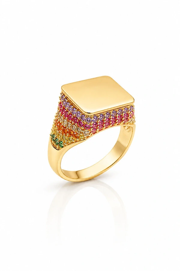 Anel Chapa Quadrado Zircônias Coloridas Ouro 18k