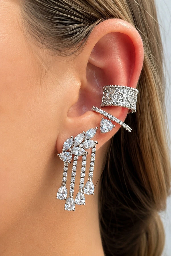 Brinco Earcuff Zircônias Franjas Ródio Branco