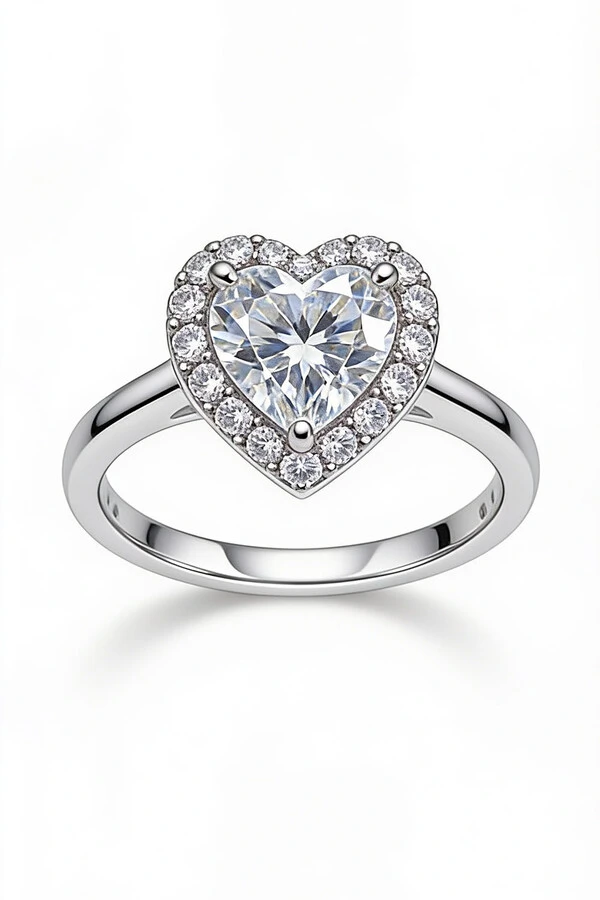 Anel Coração Moissanite 7x7 MM Prata 925 Ródio Branco