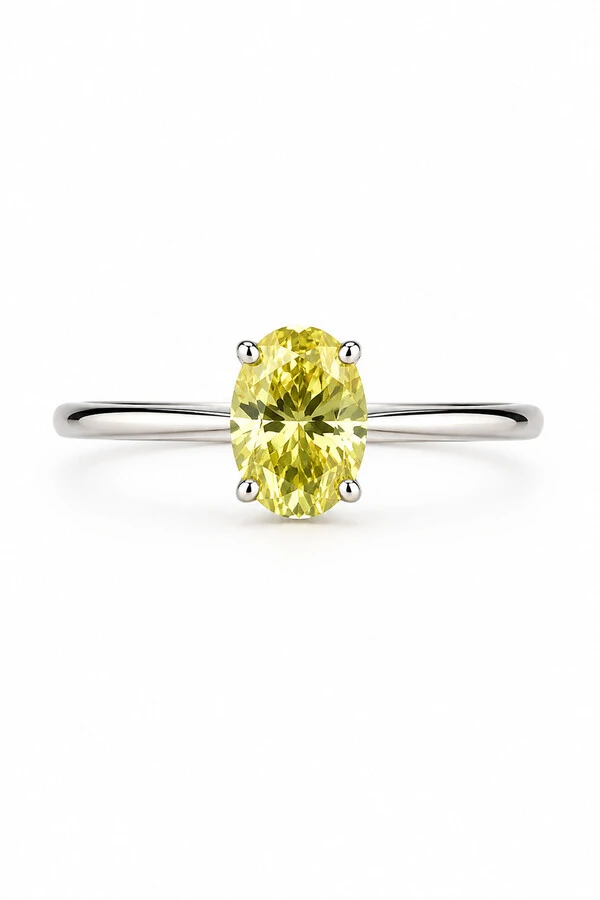 Anel Solitátio Oval Moissanite 6x8 MM Light Yellow Prata 925 Ródio Branco
