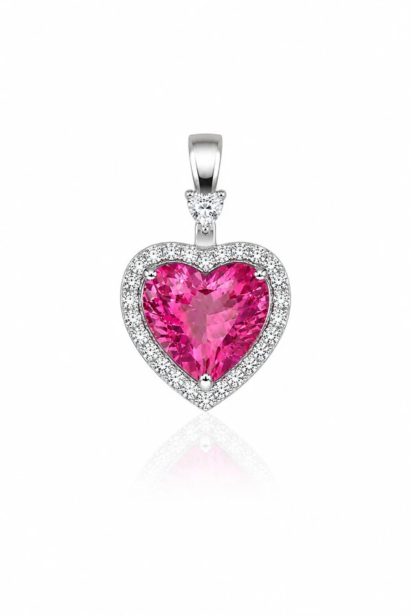 Pingente Coração Rosa Zircônias Ródio Branco
